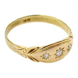 Early 20th century gold gypsy set three stone diamond ring, stamped 18ct