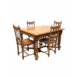 Early 20th century oak duo drawer leaf dining table, rectangular top over leaf carved, turned and fluted supports united by stretcher, with four additional leaves (118cm x 102cm, H77cm) together with a set of four similar dining chairs W44cm