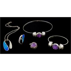 German silver amethyst jewellery suite including choker, ring and bangle, retailed by W. Brose, Berlin, boxed and a silver enamel pendant necklace and matching ring, all stamped