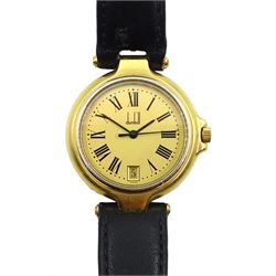 Dunhill gold-plated and stainless steel quartz wristwatch, case No. P6 10970, champagne dial with Roman numerals and date aperture, on black leather strap