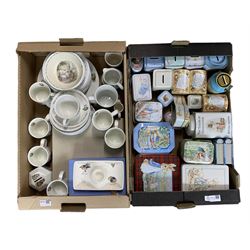 Collection of Wedgwood Beatrix Potter nursery china and a quantity of Beatrix Potter tins in two boxes