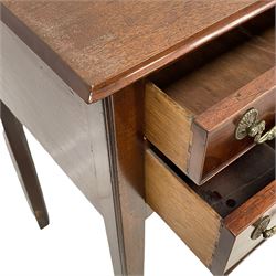 Early 19th century mahogany lowboy, moulded rectangular top over three drawers, the kneehole carved with triangular flower head brackets, on square supports with outer moulded and inner chamfer