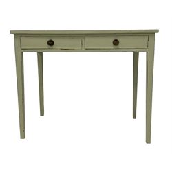 19th century painted pine side table, rectangular top, fitted with two drawers, raised on square tapering supports, in pale laurel green finis