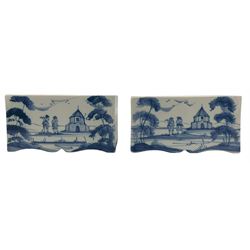 Pair of Delft style flower bricks by Williamsburg Reserve Collection, Oxford, L12.5cm, Williamsburg Royal Delft model of a house and seven figures from the Williamsburg Collection, by Lang & Wise (10) Provenance: From the Estate of the late Dowager Lady St Oswald
