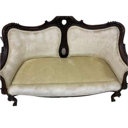 Early 20th century mahogany framed two seater sofa, upholstered in ivory fabric and with a floral seat pad 