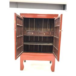 Late 19th century Chinese red lacquered Moon cabinet, two doors enclosing interior fitted with shelves and drawers, W111cm H177cm, D56cm