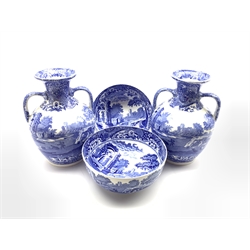 Pair of Copeland Spode's Italian pattern blue and white two handled baluster vases H27cm and a pair of fruit bowls D22cm