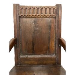 17th century oak Wainscot armchair, arcade carved cresting rail over panelled back and moulded upright rails, shaped arms enclosing plank seat, turned supports united by stretchers 