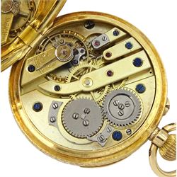 Early 20th century 18ct gold open face keyless lever fob watch, gilt dial with Roman numerals, the case with engraved foliate decoration and stamped 18K with Helvetia hallmark