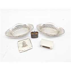 Pair of pierced silver oval sweetmeat dishes Chester 1933, silver matchbox holder, vesta case and a Japanese pipe stand
