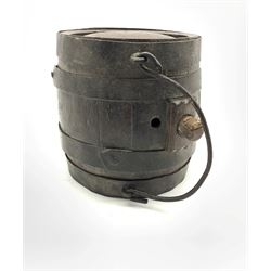 19th century iron bound costrel, barrel-shaped vessel having a raised section with water hole and an iron hoop handle, L18cm 