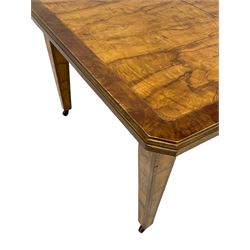 20th century spalted elm telescopic extending dining table, banded and moulded rectangular top with canted corners, four additional leaves, on square tapering supports with brass and ceramic castors, with winder