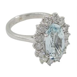 18ct white gold oval aquamarine and round brilliant cut diamond cluster ring, hallmarked, aquamarine approx 2.45 carat, total diamond weight approx 1.20 carat