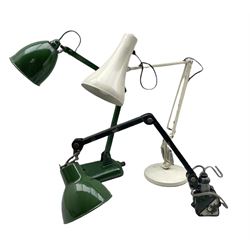 Vintage green enamel machinist lamp by E.D.L, another similar industrial lamp and a cream Anglepoise lamp (3)