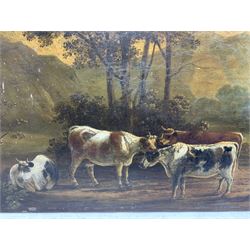 Circle of George Morland (British 1763-1804): Cows and Figures in Open Landscape, oil on panel unsigned 56cm x 81cm (unframed)