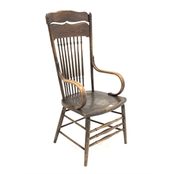 20th century oak spindle back chair with bentwood arms, W54cm