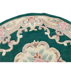 Chinese design turquoise ground rug, the field with central ovoid rose and ivory floral medallion, matching border with foliate designs and C-scrolls and another of circular form (2)