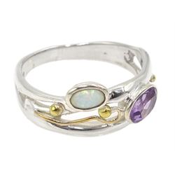 Silver and 14ct gold wire oval amethyst and opal openwork ring, stamped 925