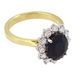 18ct gold oval sapphire and round brilliant cut diamond cluster ring, hallmarked, total diamond weight approx 0.55 carat, sapphire approx 2.60 carat