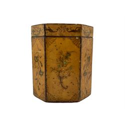 George III octagonal tea caddy, the cover painted with an exotic bird perched on a flowering branch, the front panel centrally painted with a monogram within a floral garland and both side panels painted with floral cornucopia urns, H12.5cm 