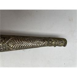 19th century Turkish Yataghan sword, the slightly curved 60cm blade with engraved decoration and with floral panels, two piece walrus ivory grip in a silvered metal scabbard with floral and geometric decoration