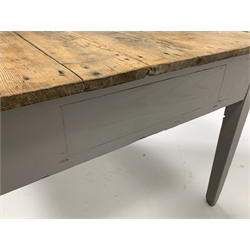 Victorian pine kitchen work table, with scrub top raised on a painted base with square tapered supports