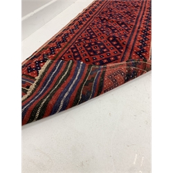 Persian runner rug, with repeating blue design on red field, (250cm x 56cm) together with a Persian prayer rug (90cm x 128cm)
