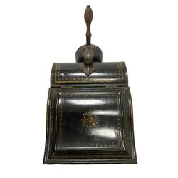 Loveridge & Co of Wolverhampton - Victorian toleware coal purdonium, hinged slope front, wrought iron handle with scroll thumbpiece and shovel, painted in black with gilt borders. 
Provenance: From the Estate of the late Dowager Lady St Oswald