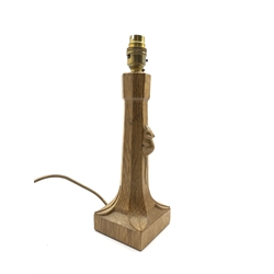 Thompson of Kilburn 'Mouseman' adzed oak table lamp with octagonal stem on a leaf carved square base with carved mouse signature H26cm excluding fitting