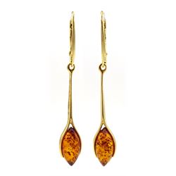 Pair of silver-gilt marquise shaped amber pendant earrings