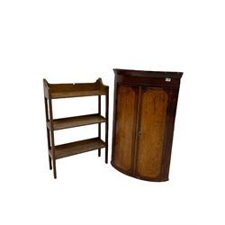 19th century oak corner cupboard, two inlayed doors opening to reveal two fixed shelves, together with an oak open bookcase, with three shelves, raised on square supports
