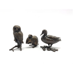 Bronze limited edition figure of a duck by Michael Simpson 46/250 H5cm, another of a mouse 241/250 H3.5cm and another of an owl H6.5cm all signed with monogram