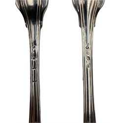 Five 19th century Dutch silver fiddle and thread pattern table forks engraved with initial 'R'