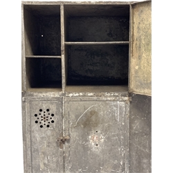 19th century riveted and galvanised metal industrial locker, six cupboards each enclosing shelves, raised on angular supports, possible a food locker from ships canteen, 
W67cm, H158cm, D57cm