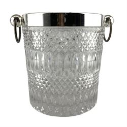 Hobnail cut glass ice bucket with plated rim and ring handles D19cm