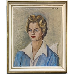 Margaret Clarke -  'Ann' head and shoulders portrait of a lady, oil on canvas signed, Chelsea Arts Society label verso 53cm x 43cm and an unframed oil portrait of a girl