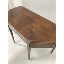 Georgian mahogany tea table, canted form, the figured fold over top over single frieze drawer, double gate leg action base, square tapering supports with spade feet, with string inlay throughout 