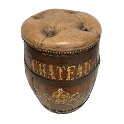 19th century oak and wrought metal coopered barrel stool, buttoned leather upholstered seat, painted inscription 'Chateau Haut Cholet'