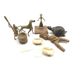 African tribal Lobi figural catapult,  two African brass figures, two mother of pearl counters and other items