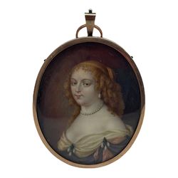 19th century oval head and shoulders miniature portrait on ivory of a lady with ringlets in her hair in gilt frame 8cm x 6.5cm
