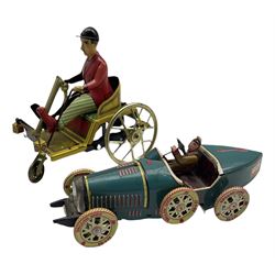  Tinplate friction drive racing car with HP trademark L18cm and another  of a three wheeled vehicle 