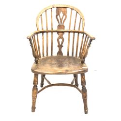 19th century elm and ash Windsor chair, hoop and spindle back, saddle seat raised on turned supports with crinoline stretcher W56cm
