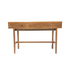 Mid 20th century hardwood veneered console table, with two drawers raised on moulded supports united by stretchers, 122cm x 46cm, H77cm