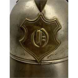 19th century German brass firefighter's helmet the brass comb with ball finial above a shield shaped helmet plate bearing the letter O and two lion mask bosses, lacking liner, H25cm 