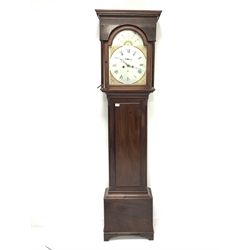Early to mid 19th century mahogany longcase clock, dentil cornice over fluted frieze and arched door, water leaf capped reeded pilasters under, white enamel and gilt painted dial with Roman and Arabic chapter ring and subsidiary seconds dial, indistinctly signed 'Robertson, Glasgow' eight day movement striking hammer on bell