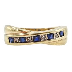9ct gold channel set square cut sapphire and diamond crossover ring