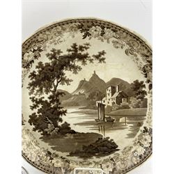 Early 19th century cache pot, probably Coalport, with fixed gilt ring handles and rim, painted en grisaille with two mountainous landscapes H10cm,  Miles Mason bat printed teapot stand, 19th century Mocha Pearlware saucer, together with a set of five Victorian Davenport saucers from the 'Great George Street Chapel, Liverpool 1863' and a brown transfer printed cake stand D30cm (9)