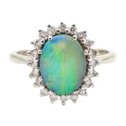 18ct white gold boulder opal and diamond cluster ring, hallmarked, total diamond weight approx 0.40 carat