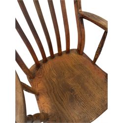 Oak and elm farmhouse chair, the slatted back over elm seat, raised on turned supports
