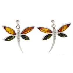 Pair of silver two tone Baltic amber and cubic zirconia dragonfly pendant earrings, stamped 925